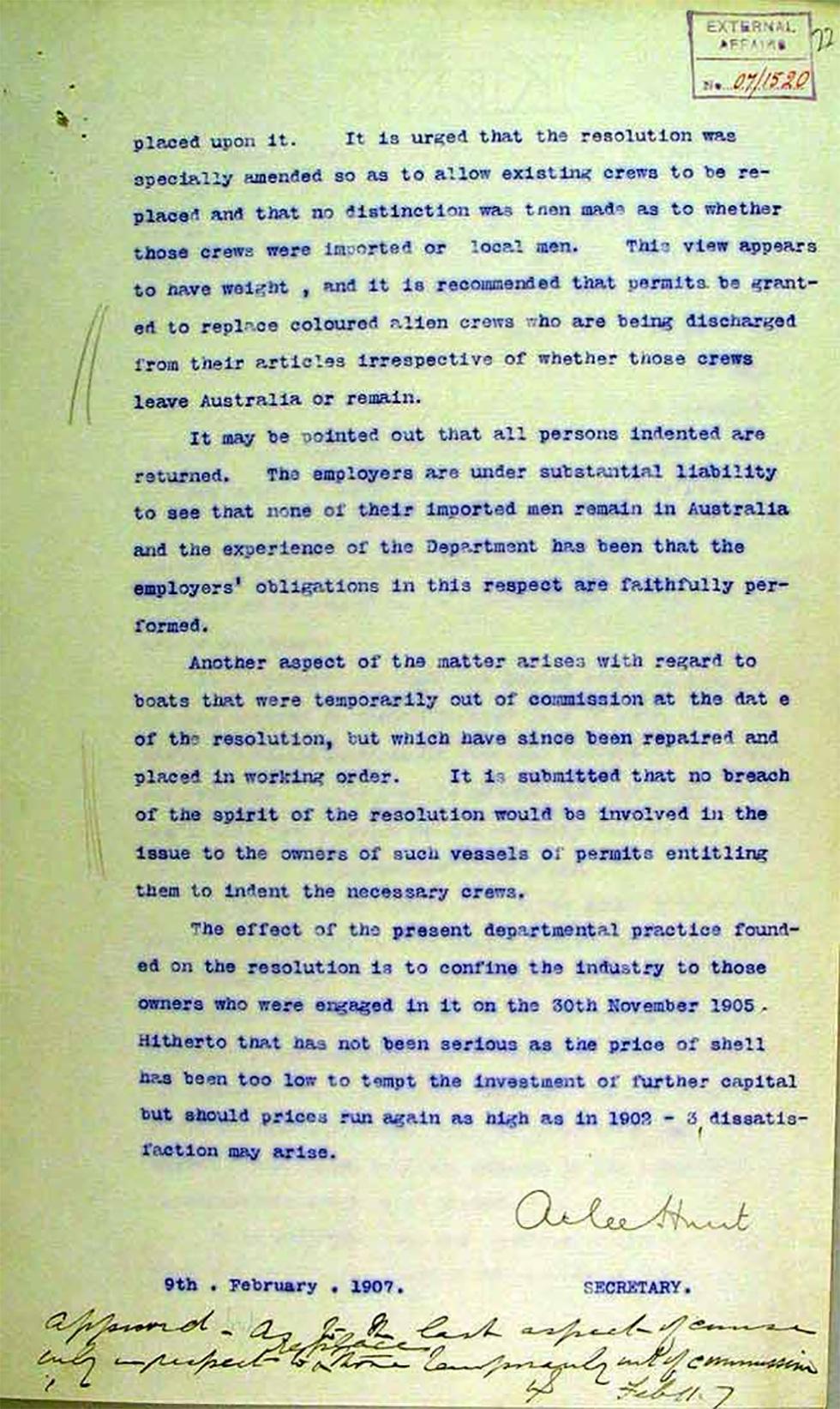 Memorandum for the Prime Minister of Australia regarding the pearling industry - page 3.