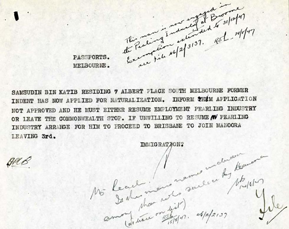 Copy of a telegram regarding an application for naturalisation.