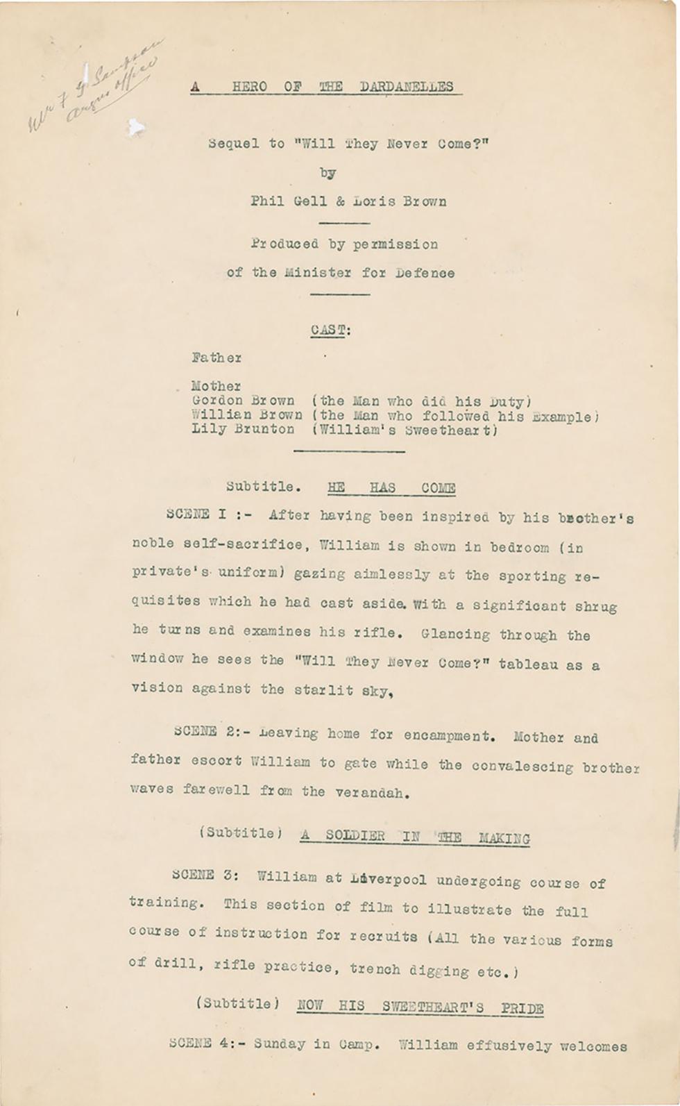 A script written for a proposed Australian recruitment film titled A Hero of the Dardanelles.