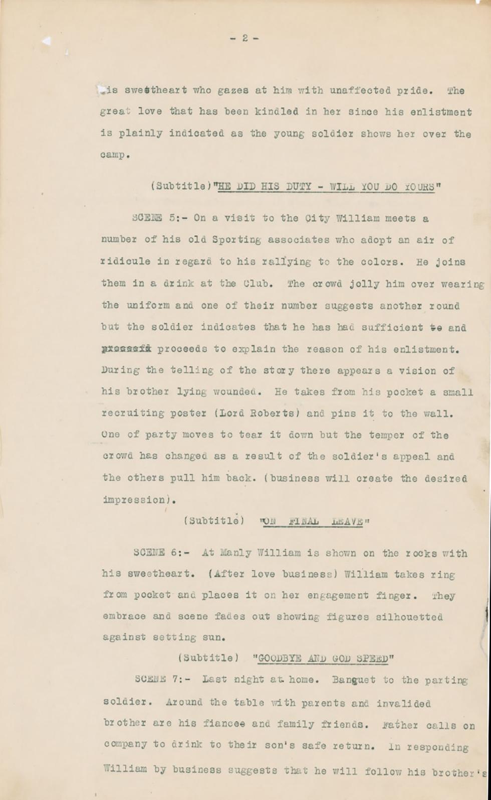 A script written for a proposed Australian recruitment film titled A Hero of the Dardanelles.