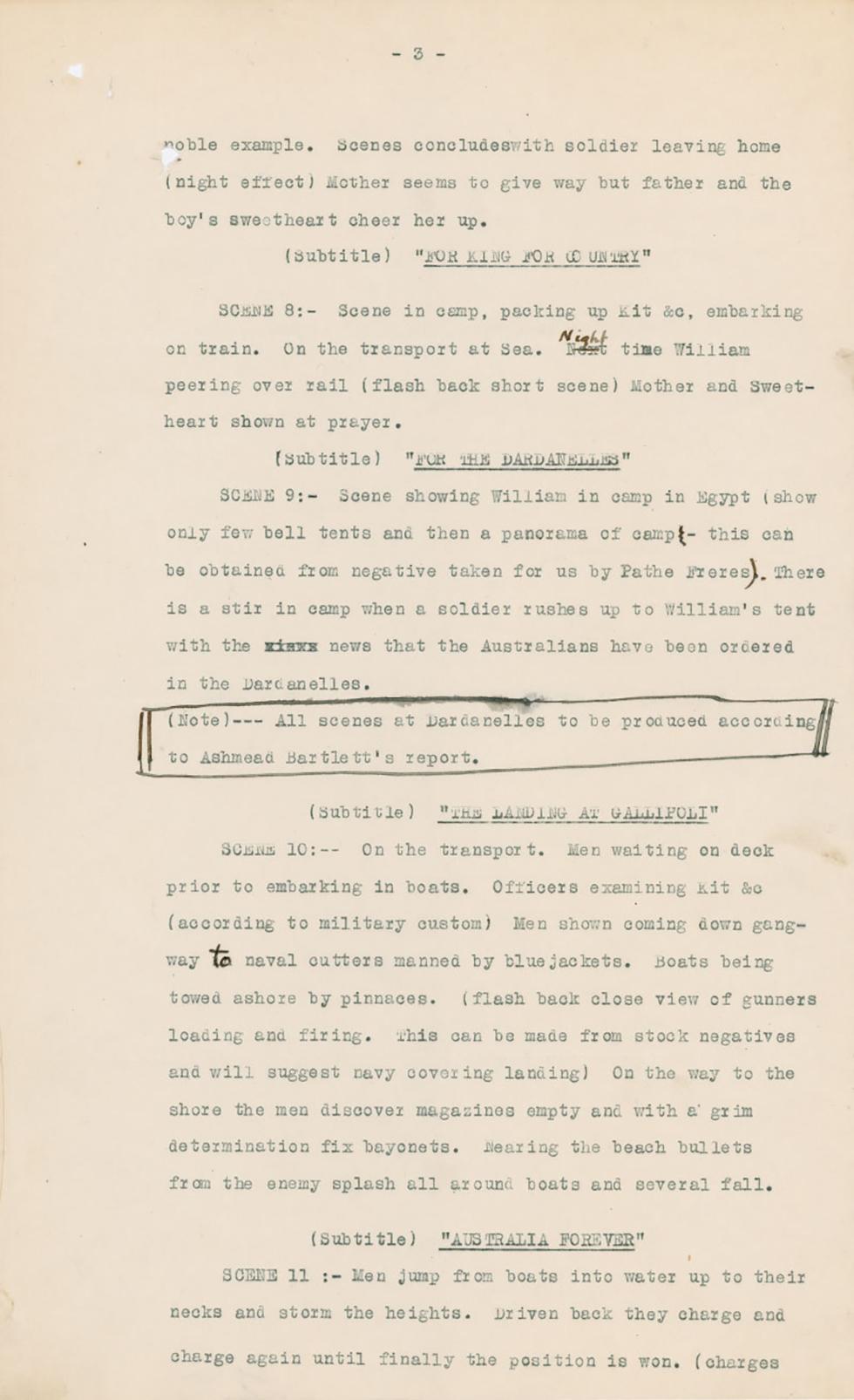 A script written for a proposed Australian recruitment film titled A Hero of the Dardanelles.