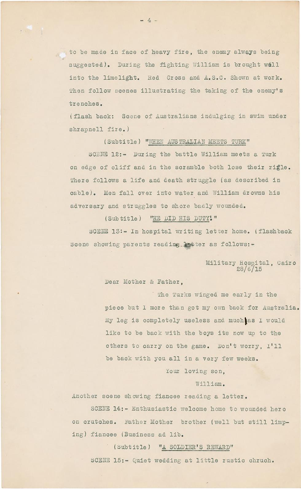 A script written for a proposed Australian recruitment film titled A Hero of the Dardanelles.