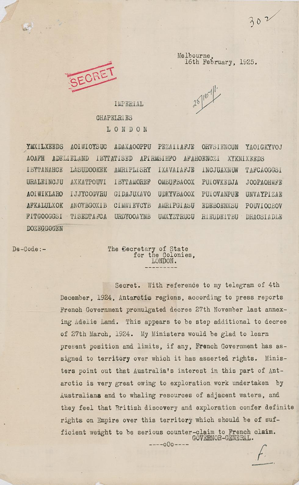 Secret encoded telegram about the French decree over Adelie Land.