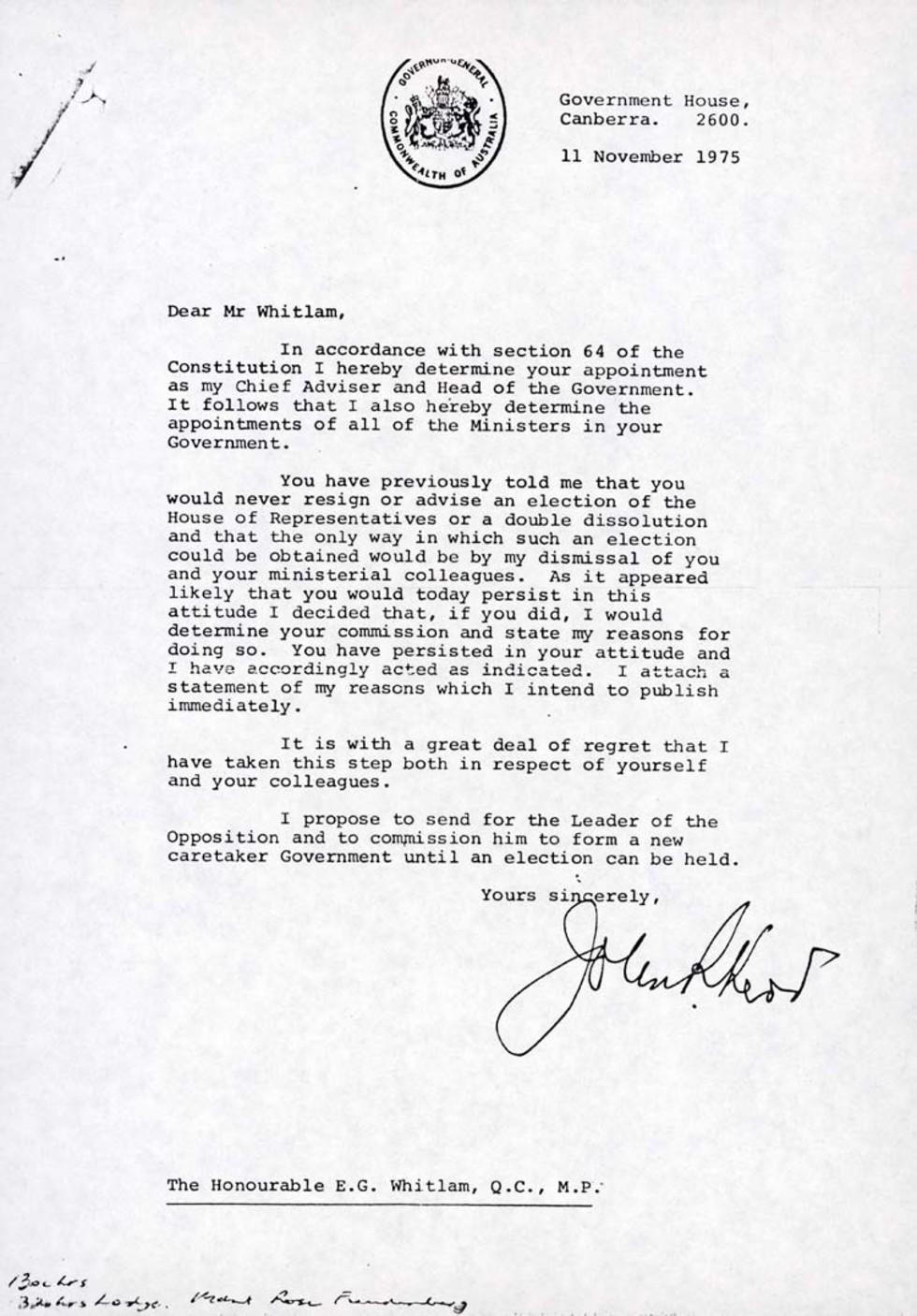 Letter to Gough Whitlam from Sir John Kerr dismissing him as Prime Minister, 1975.