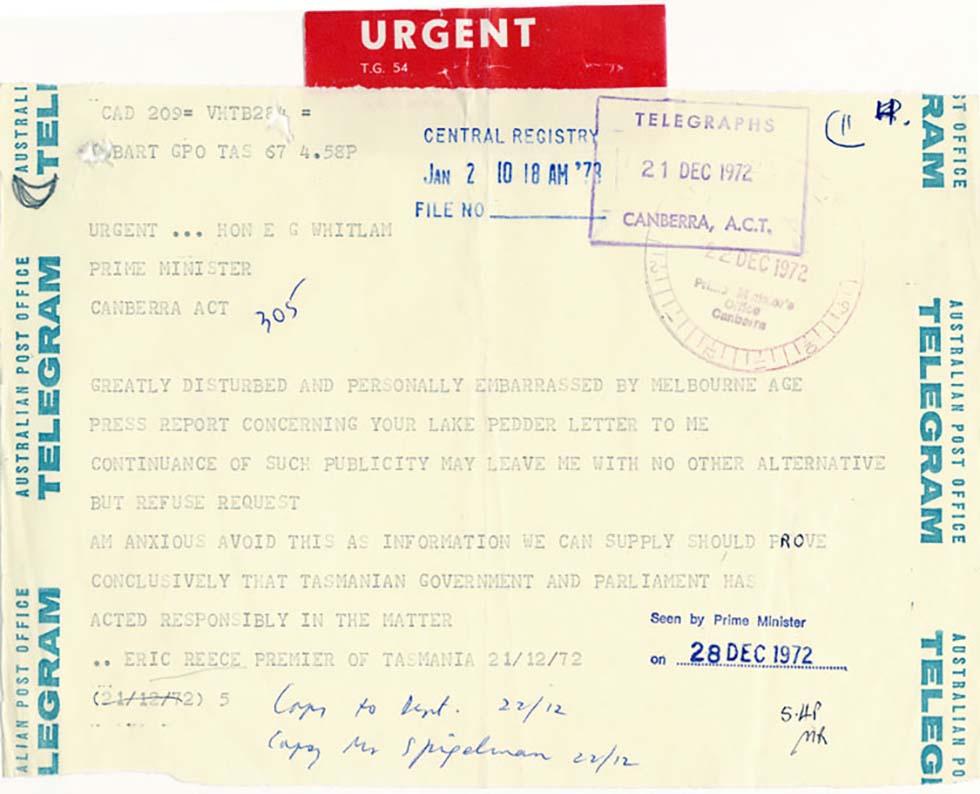 Telegram from Eric Reece, Premier of Tasmania, to Prime Minister Gough Whitlam about Lake Pedder.