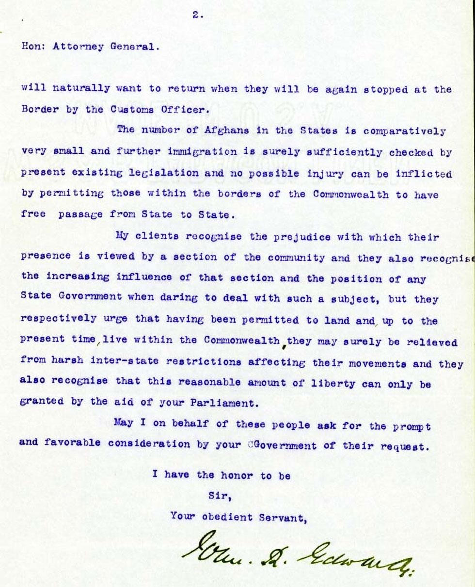 Page 2 of a letter to the Attorney-General printed in purple type. 