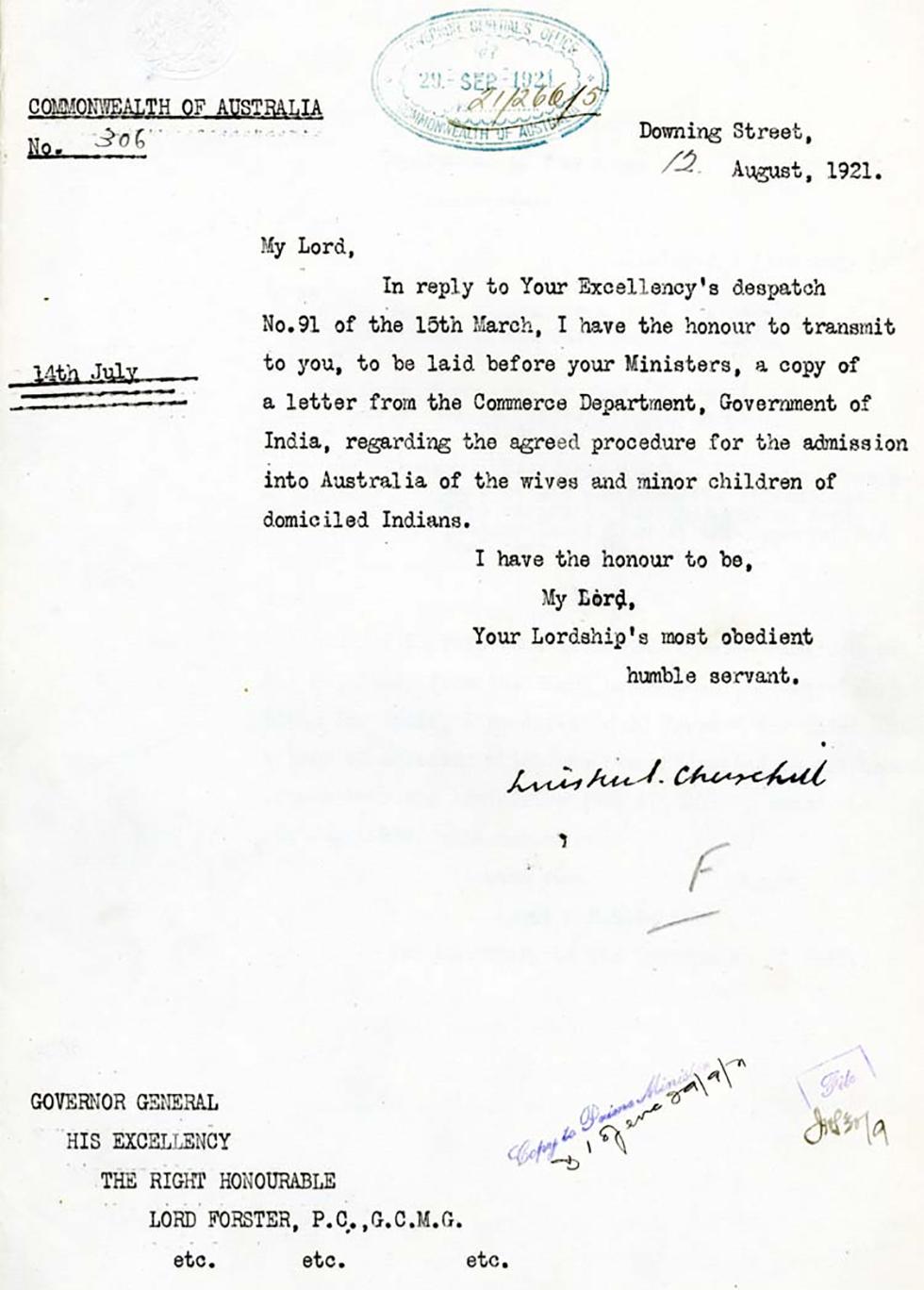 Letter to Lord Forster, Governor-General.