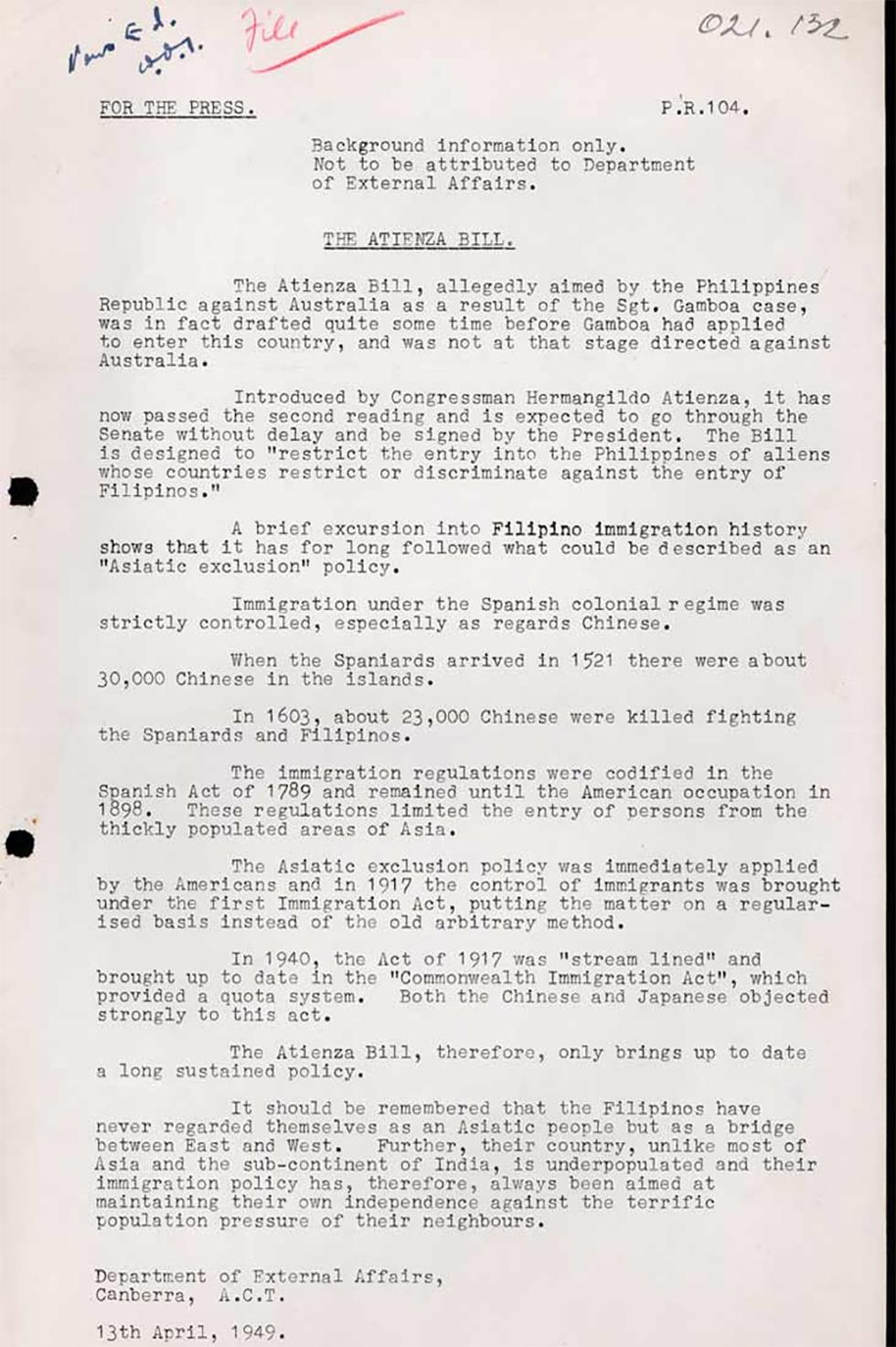 Information given to the press but 'not to be attributed to the Department of External Affairs', regarding the Atienza bill.