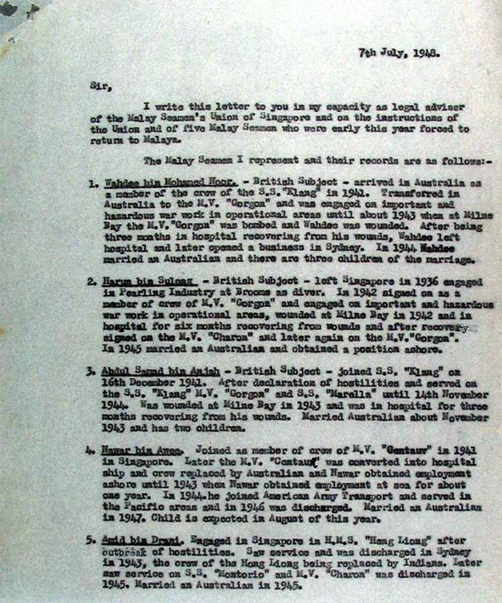 Letter to W McMahon Ball regarding the legal representation of a group of Malay seamen - page 1.