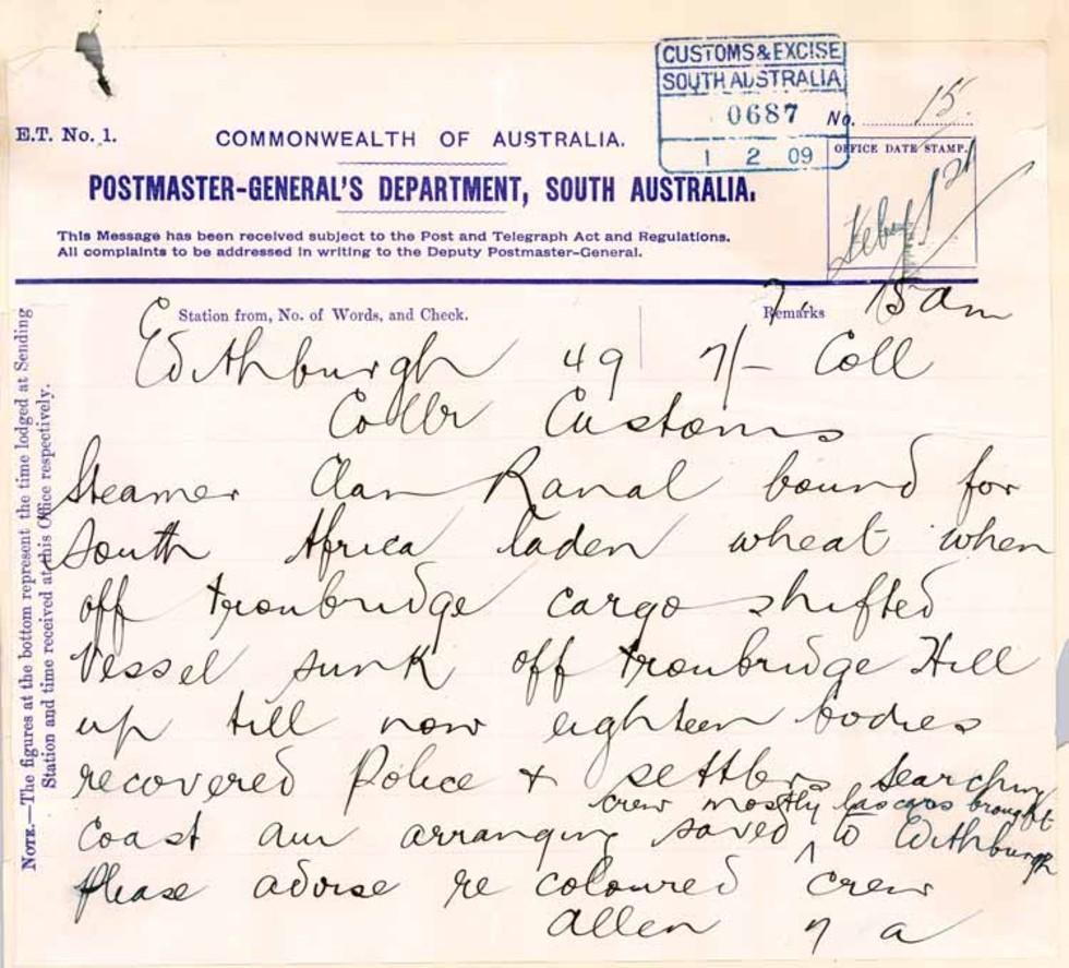 Telegram to the Collector of Customs at Port Adelaide regarding a Vessel sunk off Troubridge Hill.