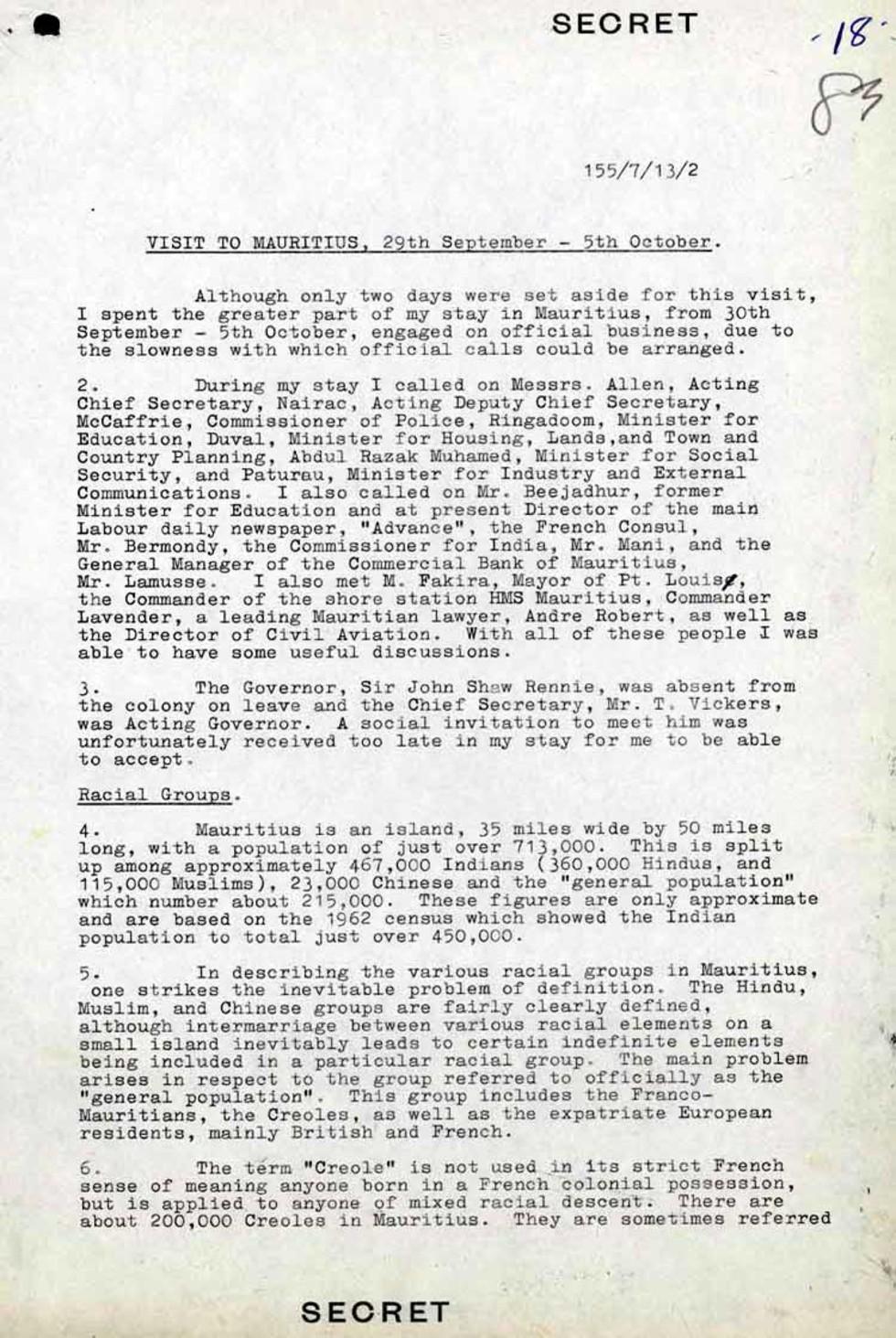 This is a secret report written by AF Dingle about a diplomatic visit to Mauritius, 23 October 1964.