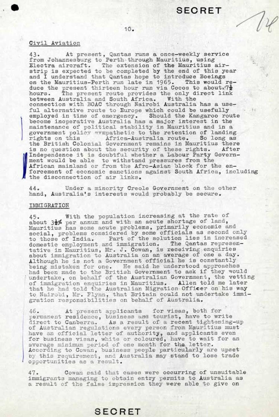 This is a secret report written by AF Dingle about a diplomatic visit to Mauritius, 23 October 1964.