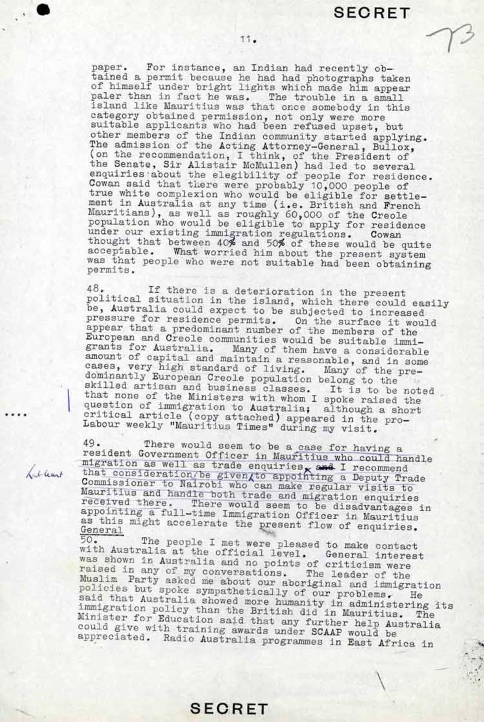 This is a secret report written by AF Dingle about a diplomatic visit to Mauritius, 23 October 1964.