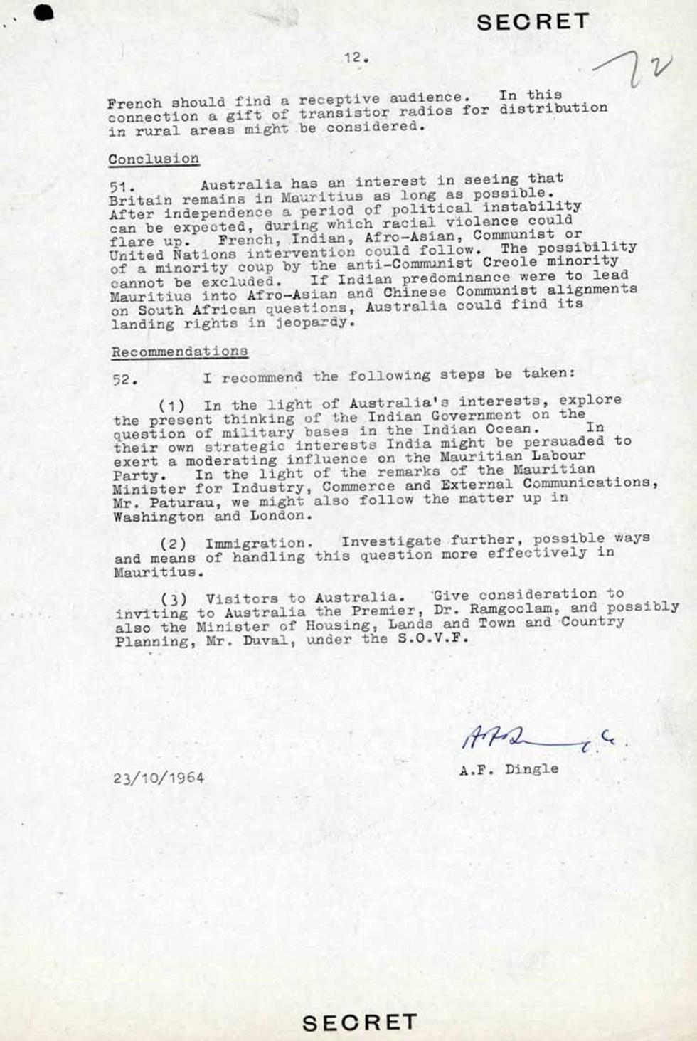 This is a secret report written by AF Dingle about a diplomatic visit to Mauritius, 23 October 1964.