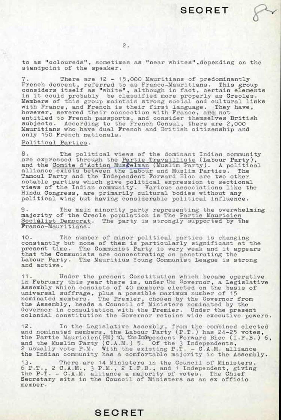 This is a secret report written by AF Dingle about a diplomatic visit to Mauritius, 23 October 1964.