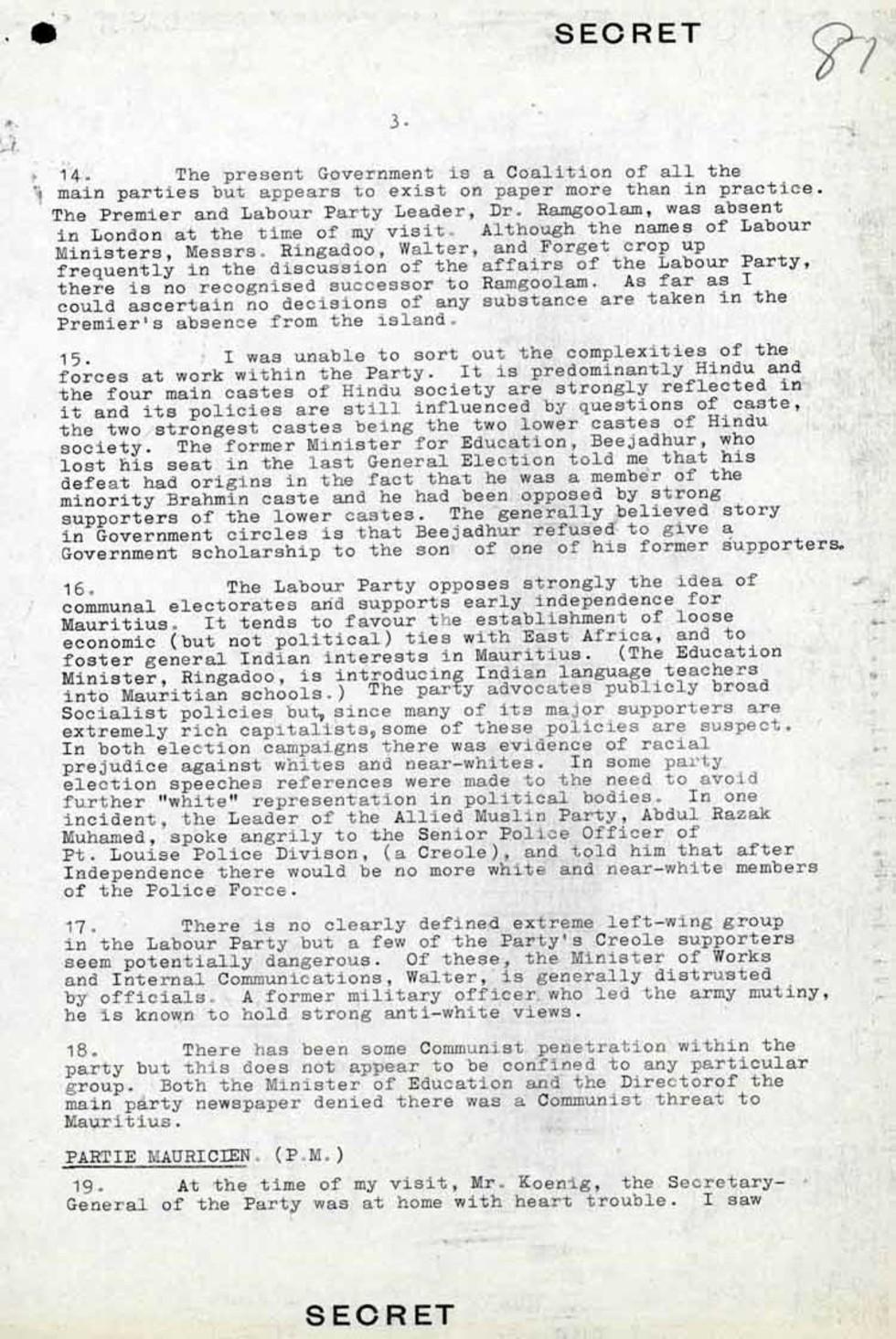 This is a secret report written by AF Dingle about a diplomatic visit to Mauritius, 23 October 1964.