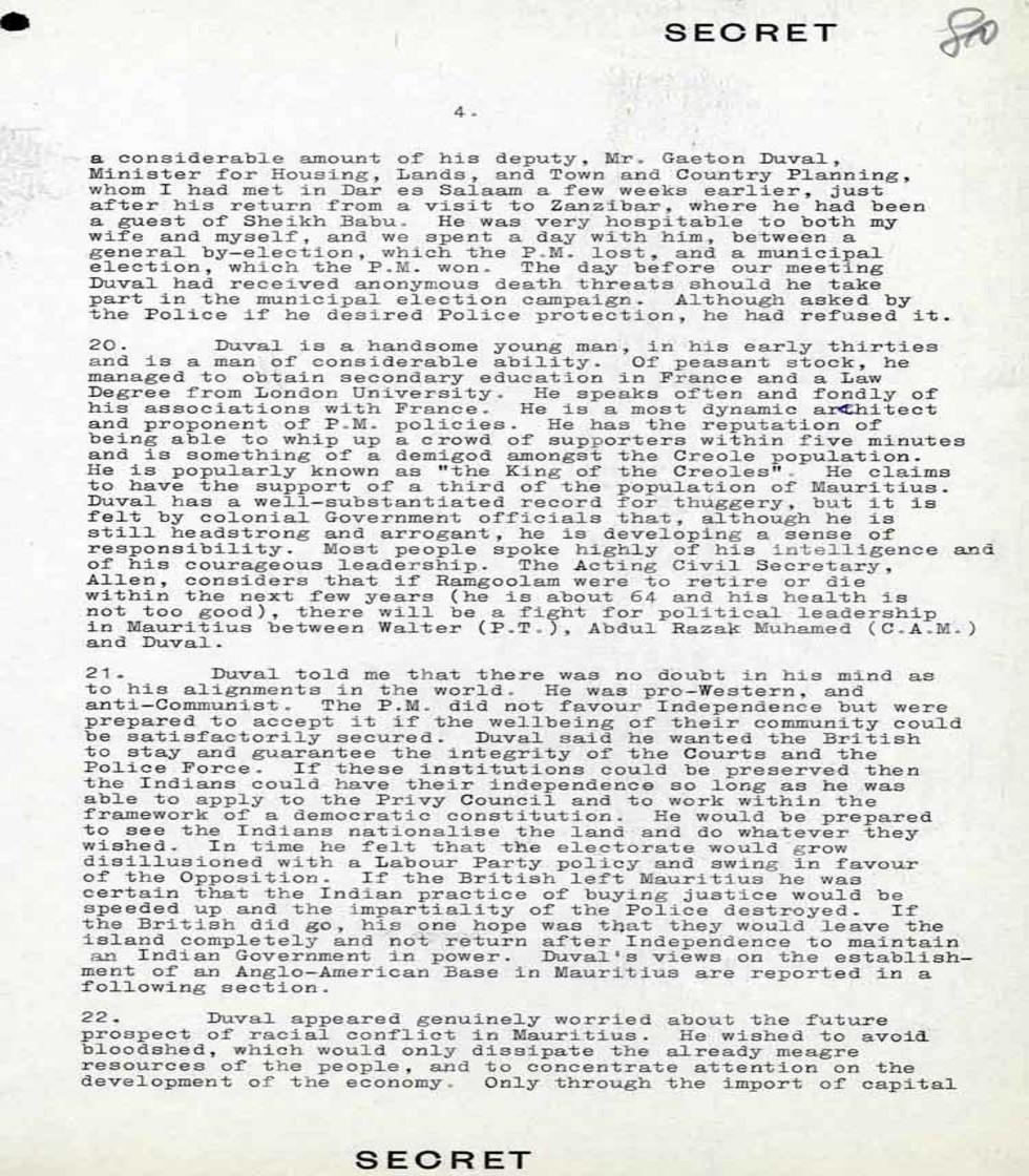 This is a secret report written by AF Dingle about a diplomatic visit to Mauritius, 23 October 1964.