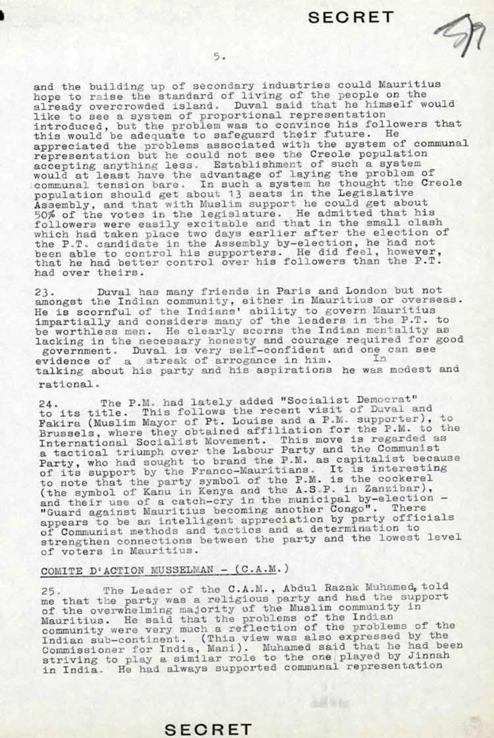 This is a secret report written by AF Dingle about a diplomatic visit to Mauritius, 23 October 1964.