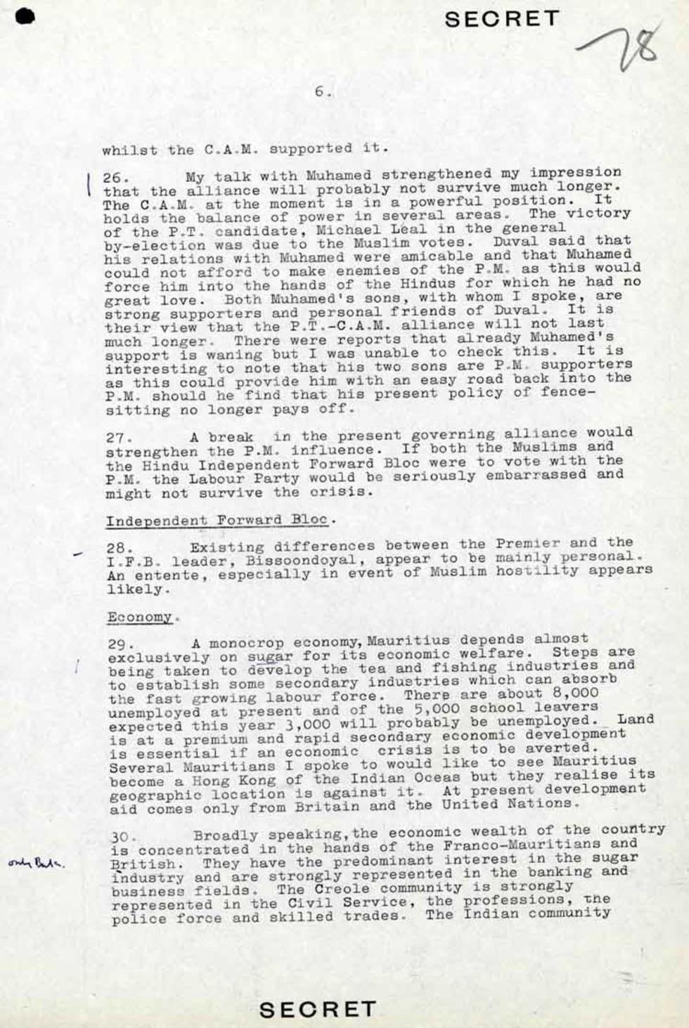 This is a secret report written by AF Dingle about a diplomatic visit to Mauritius, 23 October 1964.