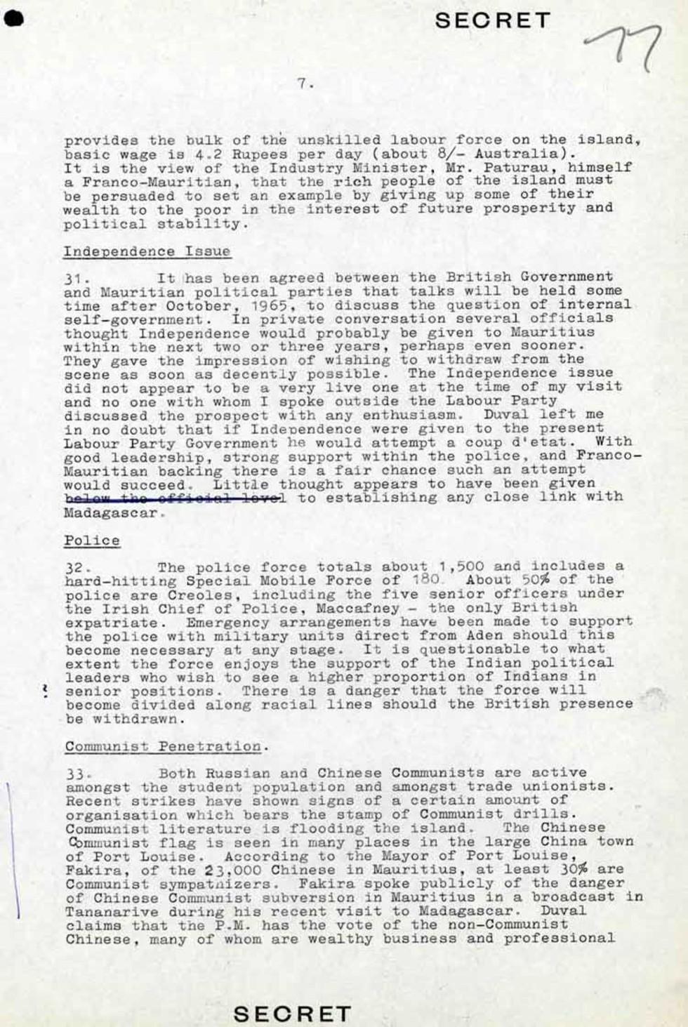 This is a secret report written by AF Dingle about a diplomatic visit to Mauritius, 23 October 1964.