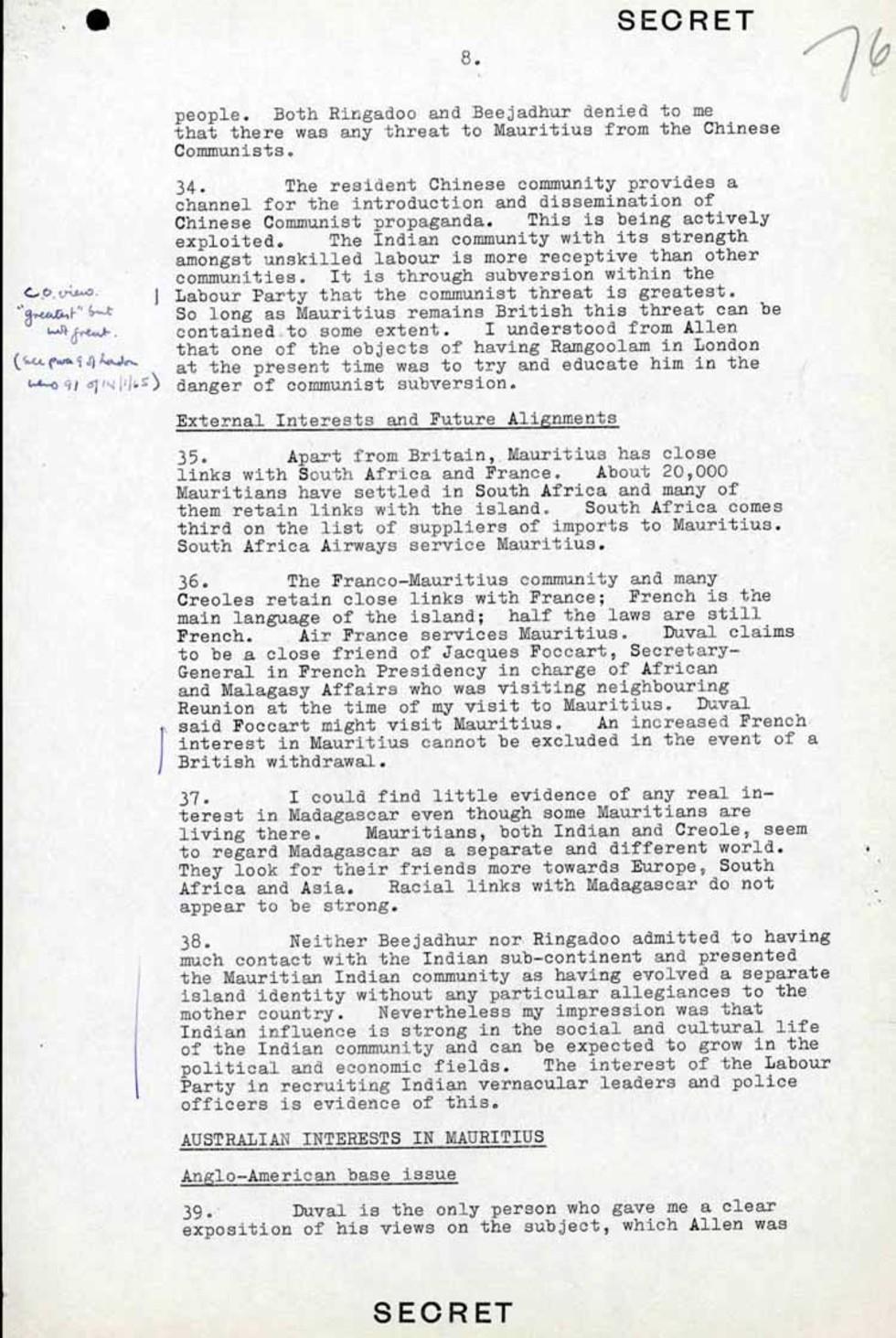 This is a secret report written by AF Dingle about a diplomatic visit to Mauritius, 23 October 1964.