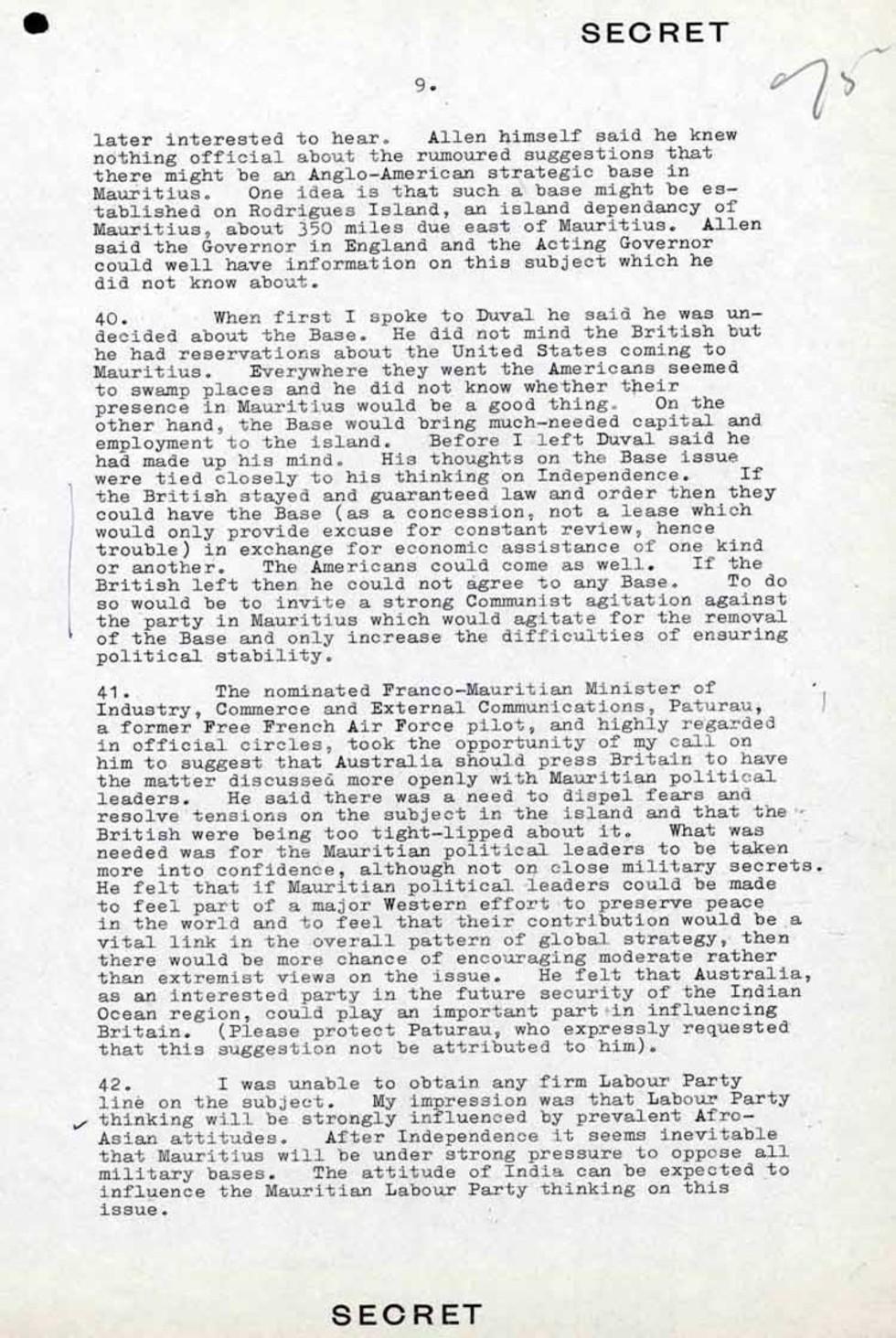 This is a secret report written by AF Dingle about a diplomatic visit to Mauritius, 23 October 1964.