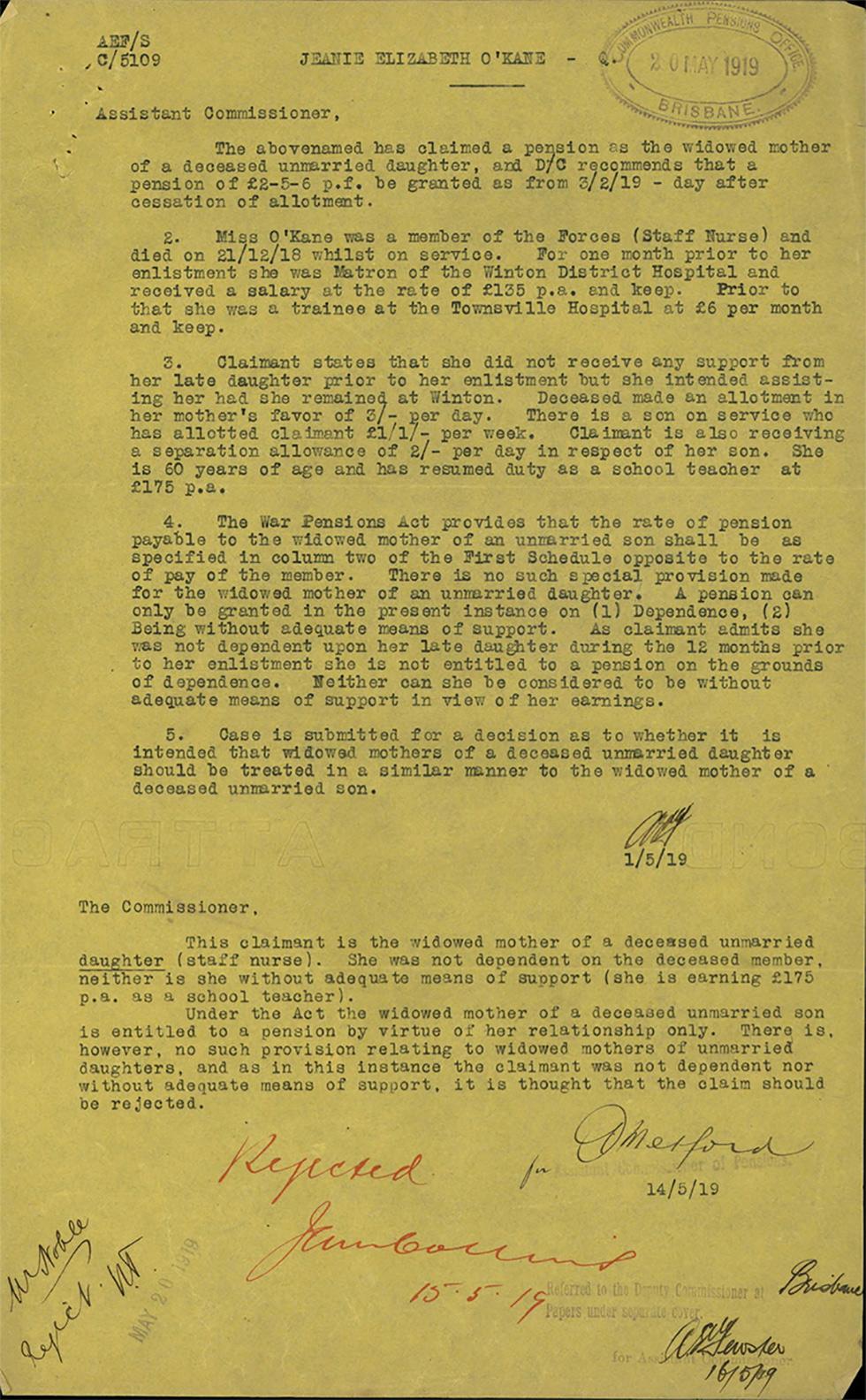 Widow Jeanie O'Kane's application for a war pension after the death of her daughter, Nurse Rosa O'Kane, from the Spanish flu.