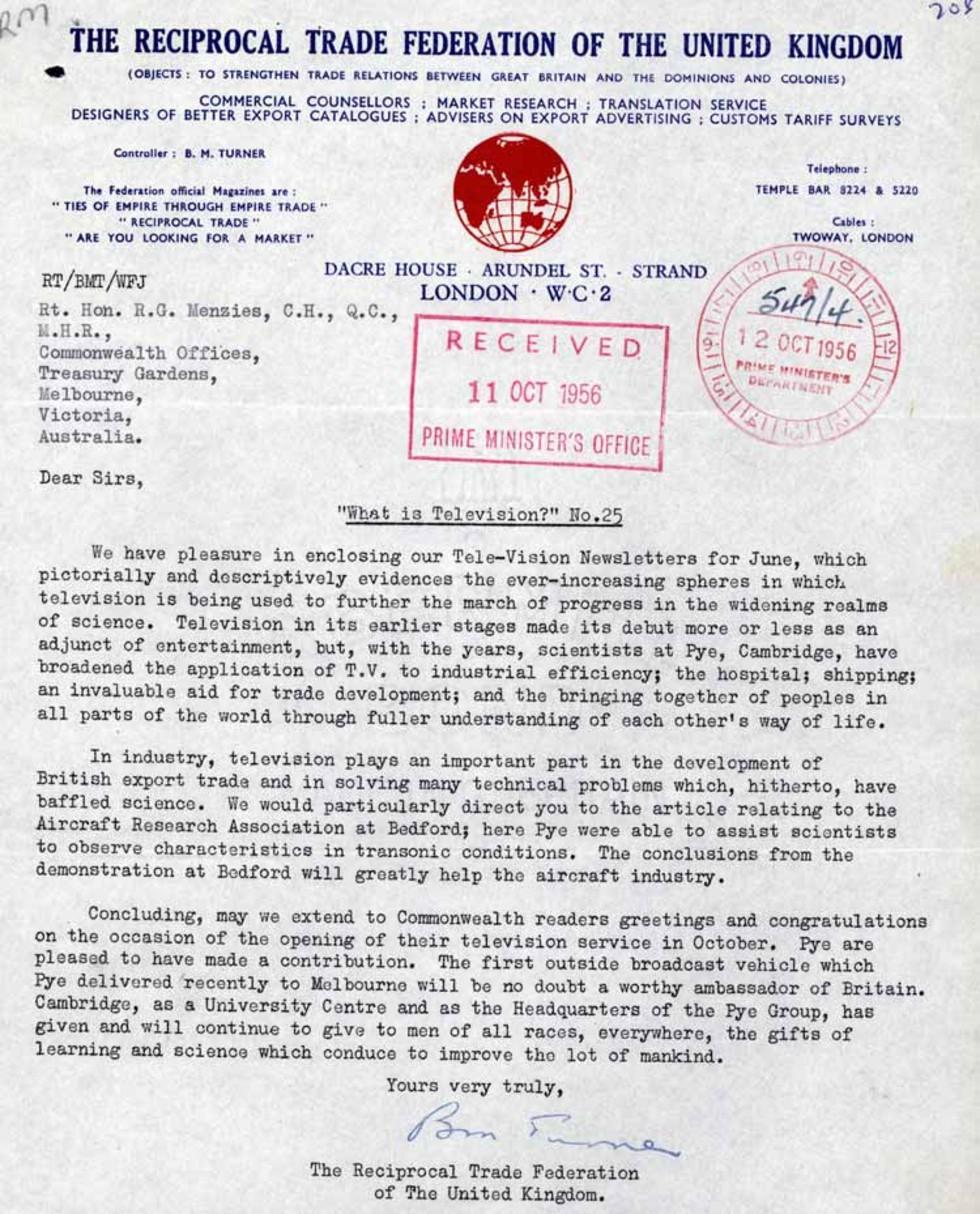 What is television? A letter from The Reciprocal Trade Federation of the United Kingdom to Department of Prime Minister and Cabinet, Australia.