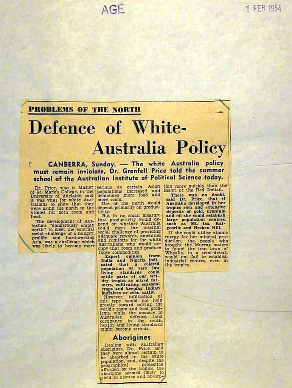 Defence of White Australia policy by academic Dr Grenfell Price.