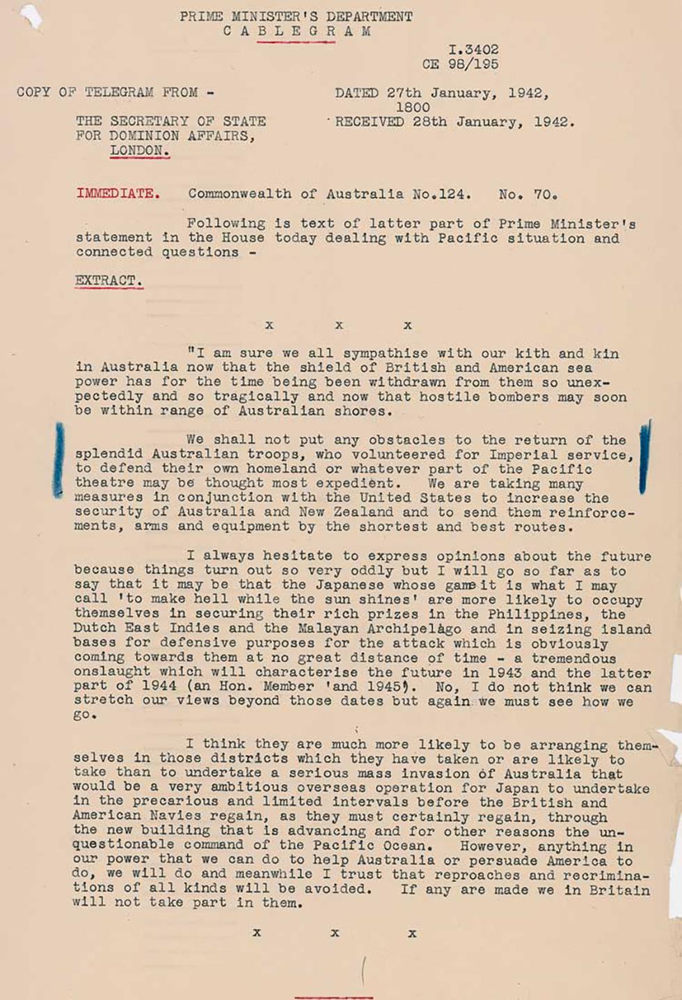 Winston Churchill on the situation in the Pacific and the return of Australian troops to defend Australia.