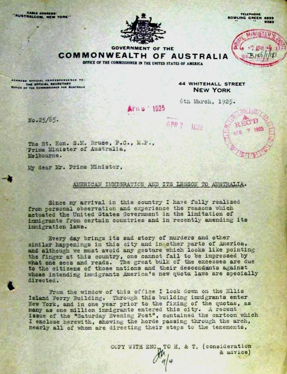 Letter to Prime Minister Stanley Bruce