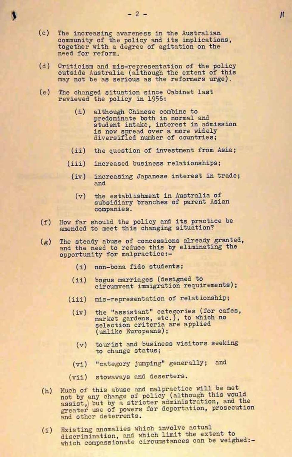 Confidential notes from regarding a review by the Department of Immigration of the policy on the admission of non-Europeans into Australia.