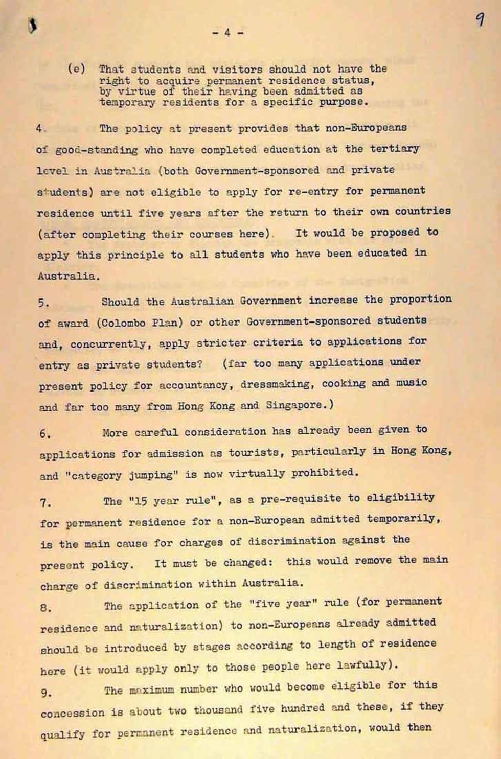 Confidential notes from regarding a review by the Department of Immigration of the policy on the admission of non-Europeans into Australia.