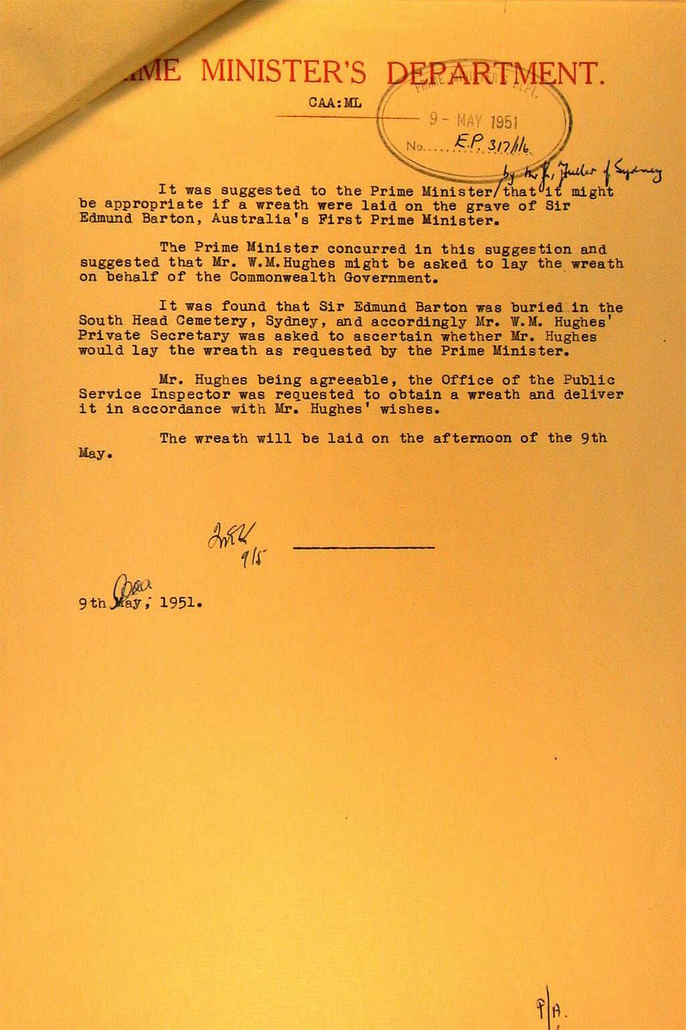 Document suggesting laying of wreath on grave of Sir Edmund Barton on 50th anniversary of Australia's first parliament.