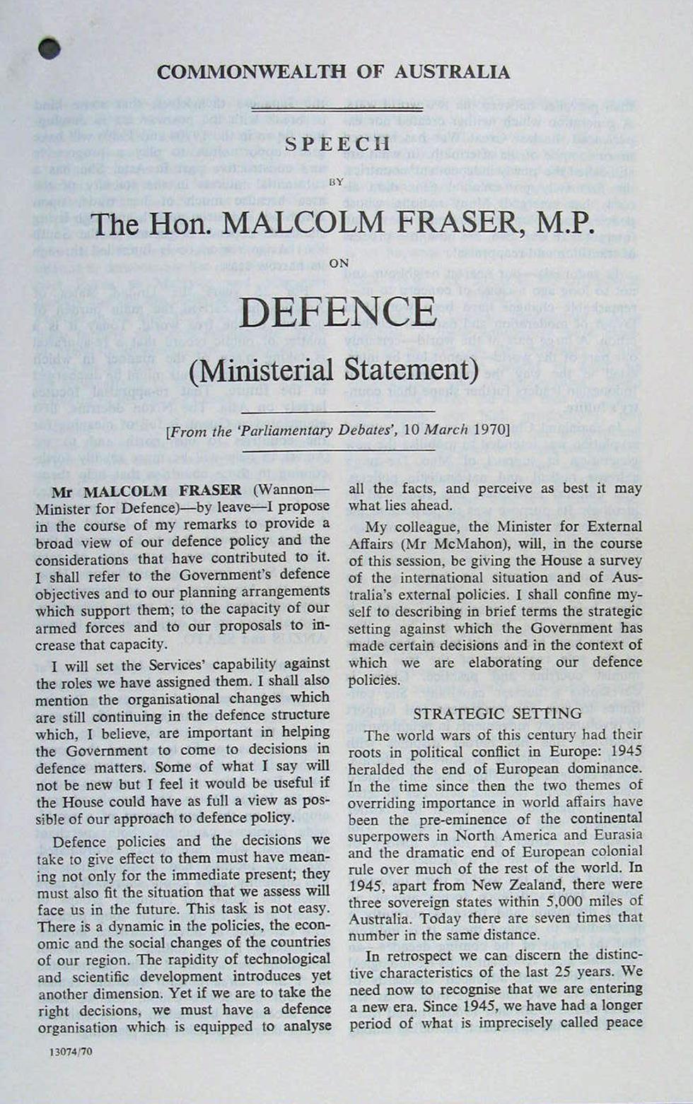 First page of a speech by Malcolm Fraser MP on defence, 10 March 1970.