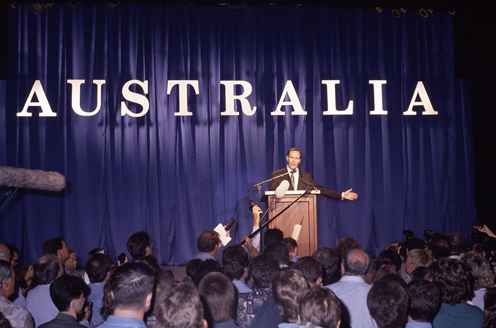 Paul Keating delivering the election night speech at Bankstown Sports Club after Labor's election win in 1993.