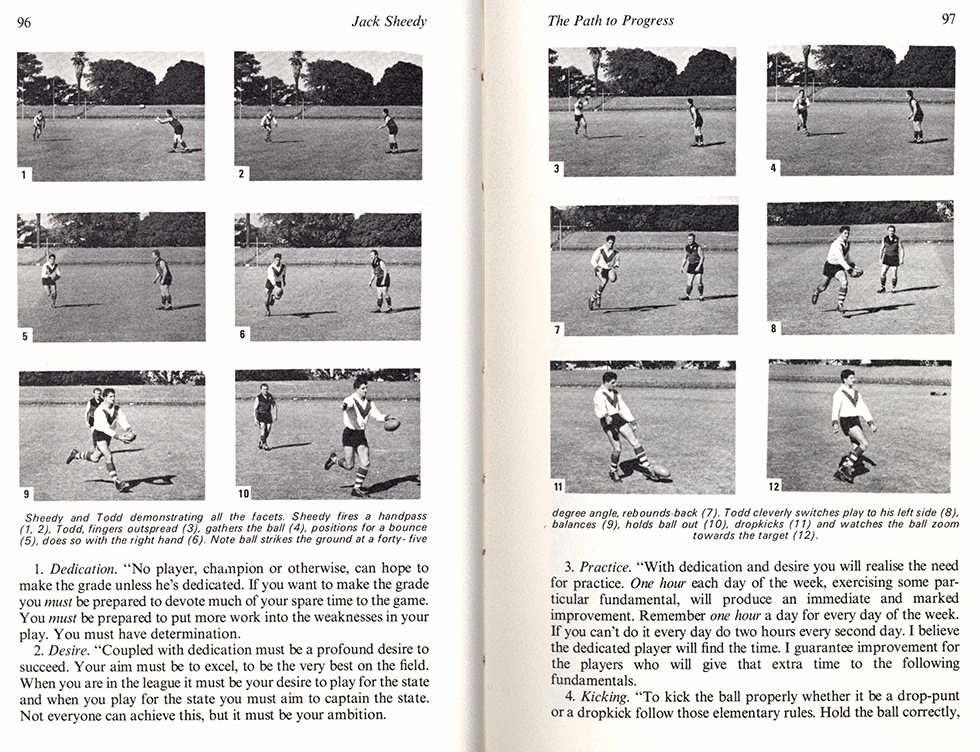 Pages from the book with step by step pictures showing Australian Rules technique