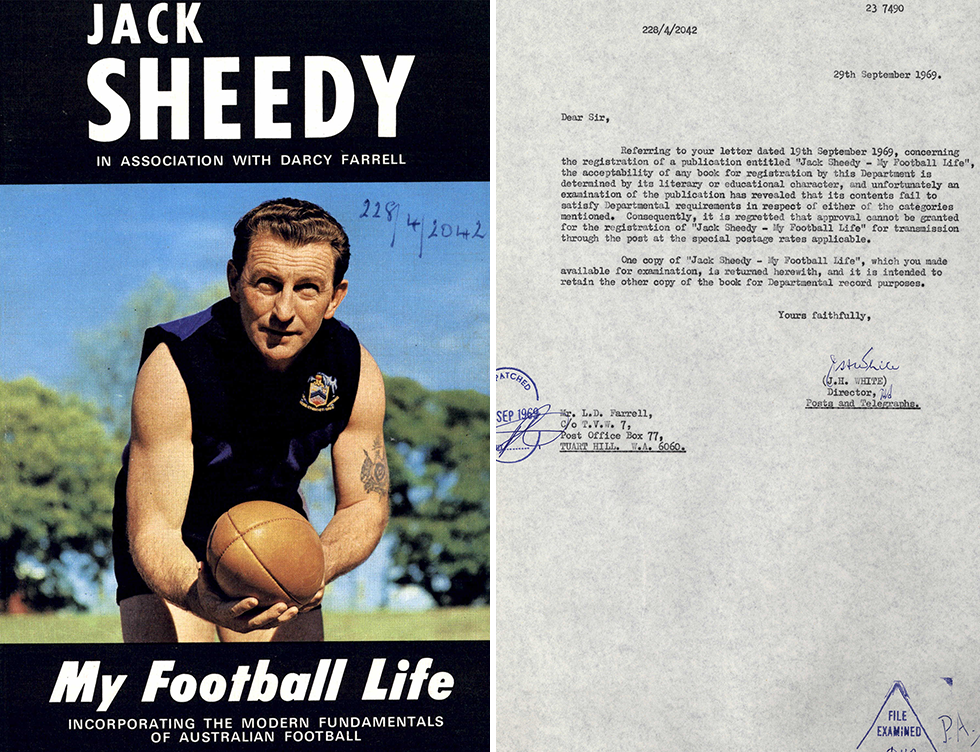 Book cover titled: Jack Sheedy, My football life, incorporating the modern fundamentals of Australian football. Featuring photo of Jack Sheedy in his football jersey with a football.