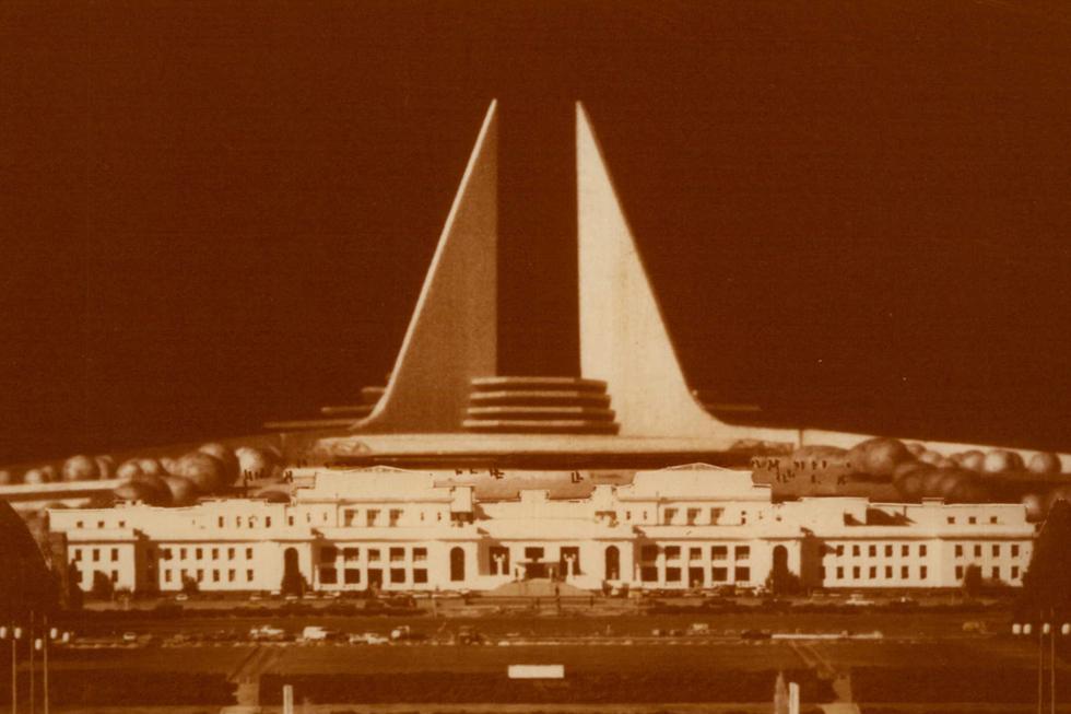 Model of Parliament House by Melbourne architect Klause Veltjens, featuring two towers. 