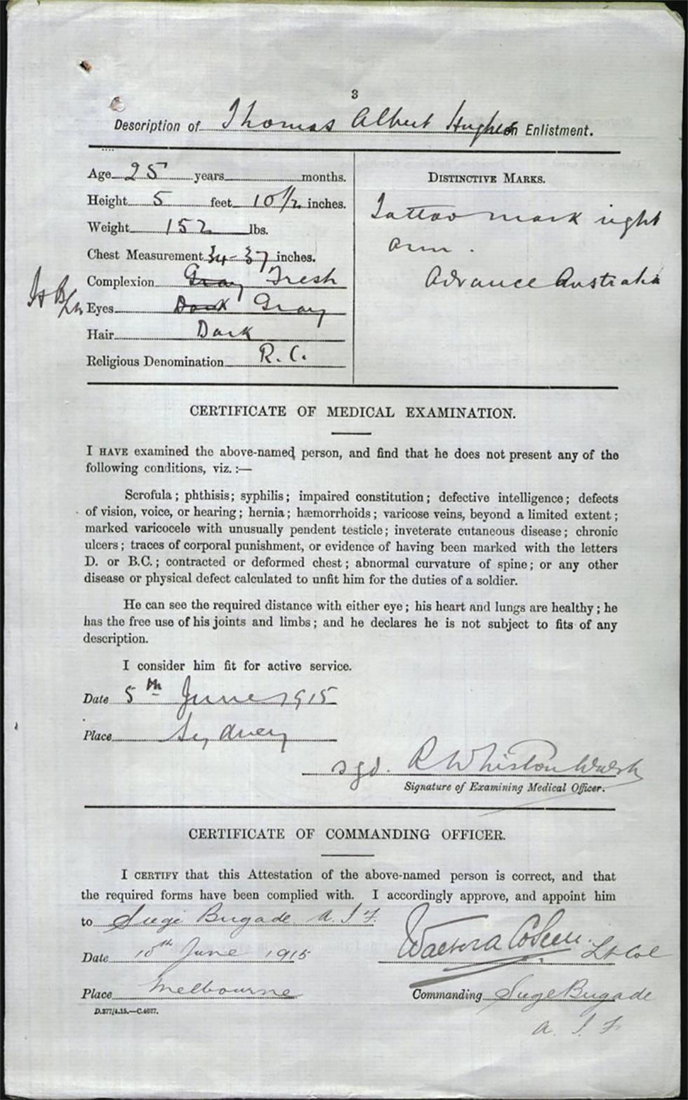 Medical examination document about Thomas Albert Hughes, noting an 'Advance Australia' tattoo inked on his arm.