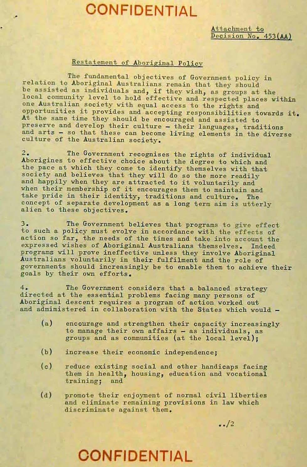 Typed document marked 'Confidential.' Titled: ‘Attachment to Decision No. 453 (AA)’ and ‘Restatement of Aboriginal Policy’.