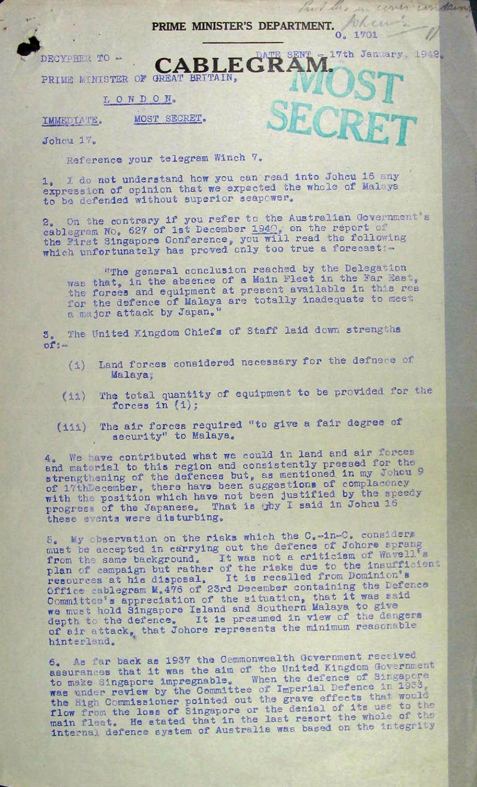 Coded cablegram from John Curtin to Winston Churchill.