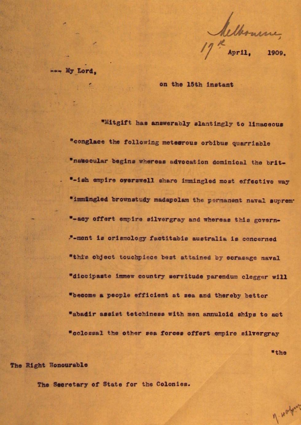 Coded cablegram from the Governor-General to the Colonial Office.