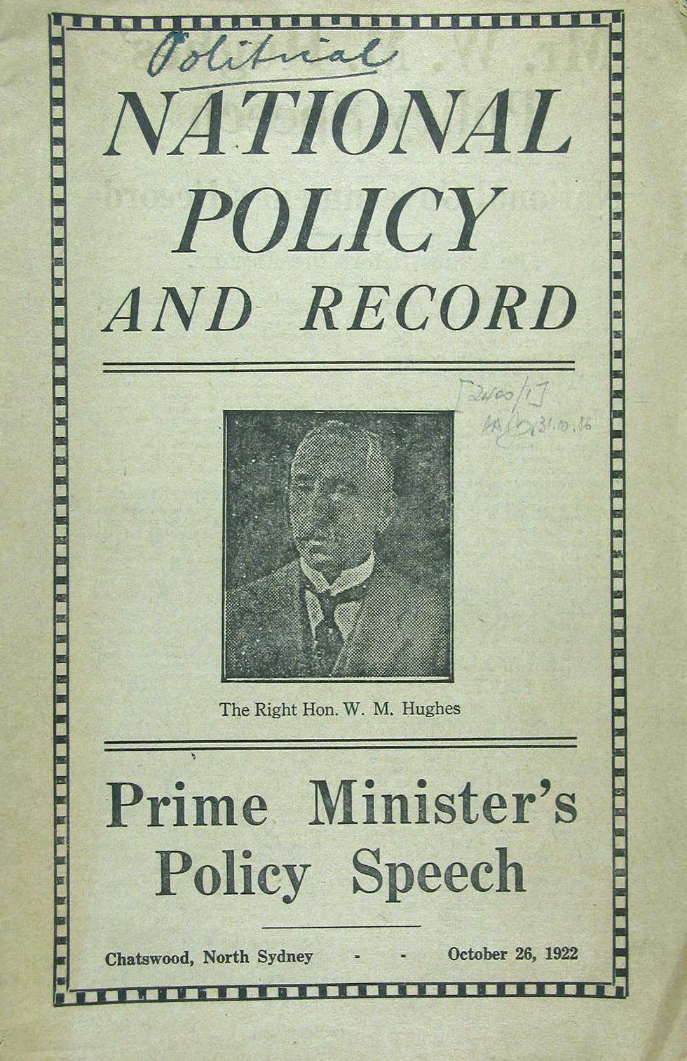 Document with photograph of Hughes, titled 'National Policy and Record'. Subtitled 'Prime Minister's Policy Speech'.