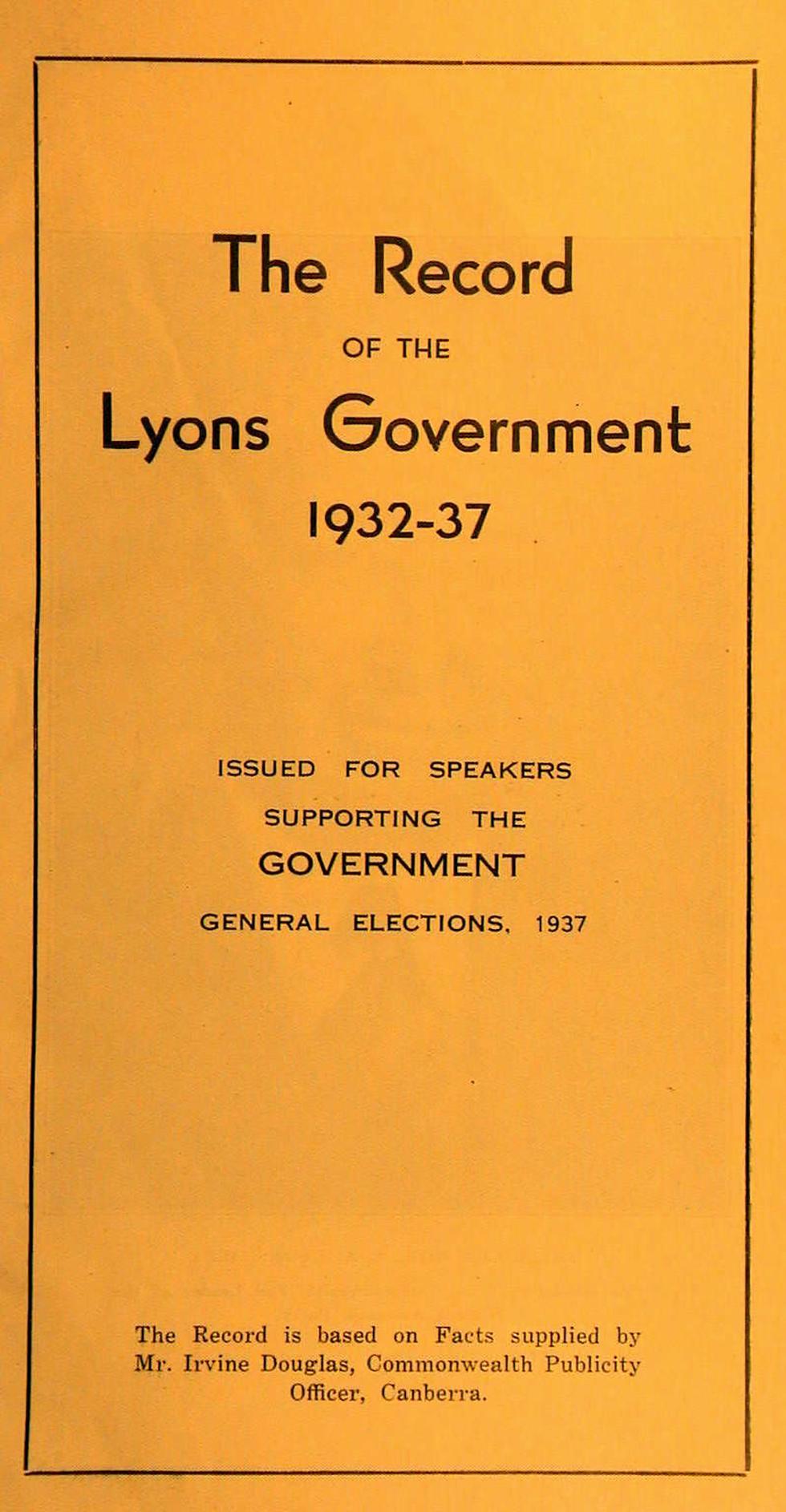 Front cover of handbook titled 'The Record of the Lyon Government 1932-1937'.