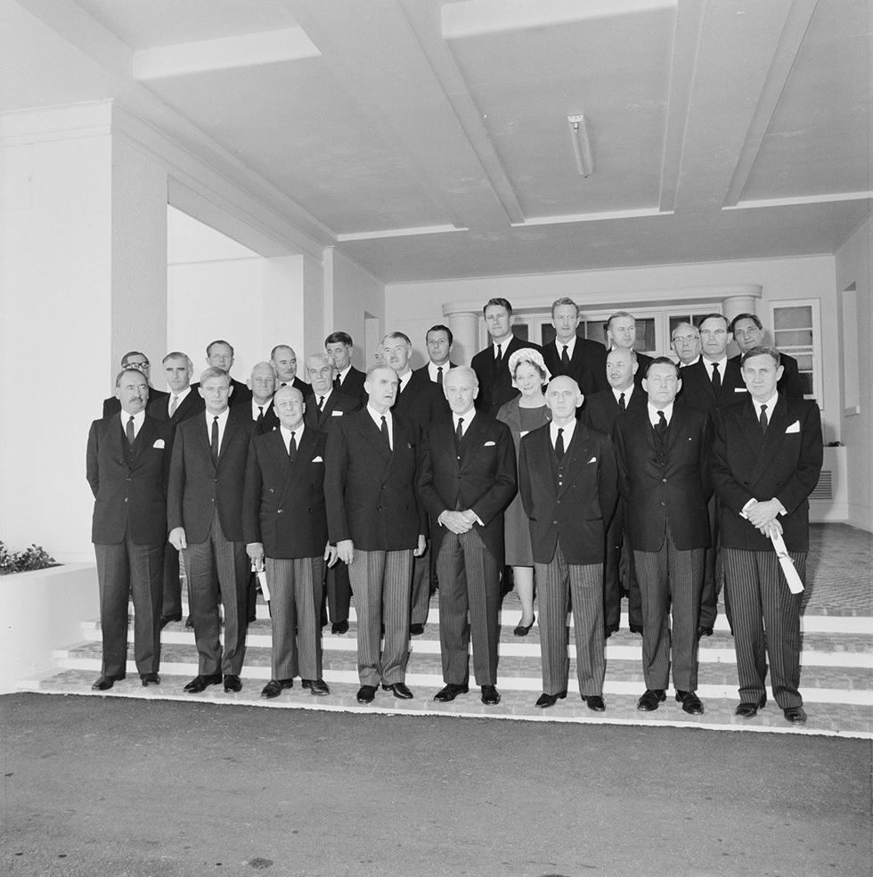John McEwen and Governor-General Lord Casey with the McEwen ministry at Government House.