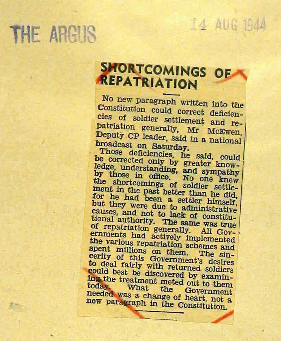 Newspaper clipping titled 'Shortcomings of repatriation' 