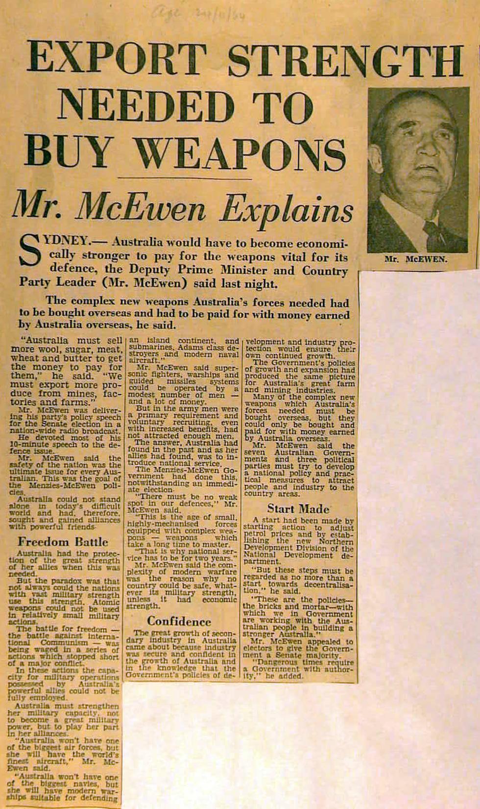 Newspaper clipping titled 'Export strength needed to buy weapons' with a photo of John McEwen.