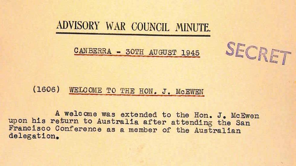 Document titled 'Advisory War Council Minute', Canberra 30th August 1945. Marked 'Secret.'