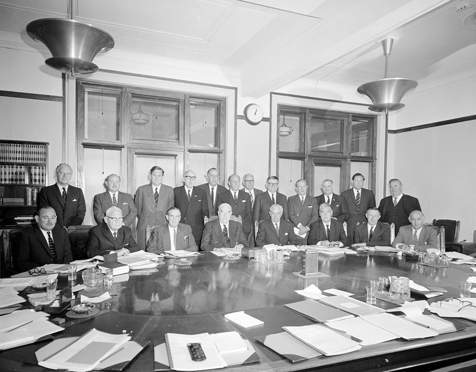 The Menzies-McEwen Cabinet in the Cabinet Room in 1963.